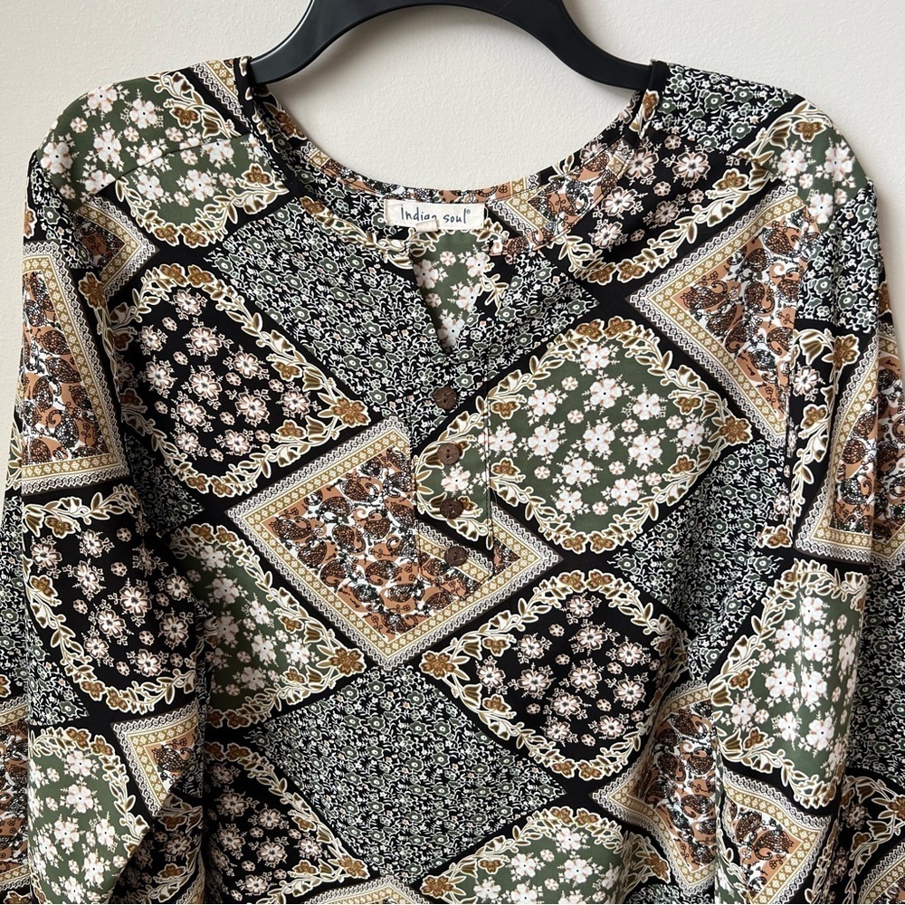 Indigo Soul Floral Tunic Top Flowy Button Front Back Pleat Hippie Boho Multi 2XL - Picture 5 of 10